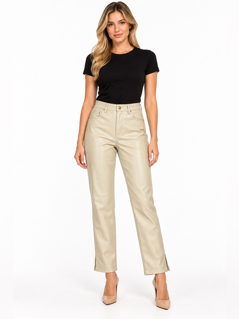Zara Size 4 Faux Leather Women's High-Rise Straight Leg Jeans - Cream